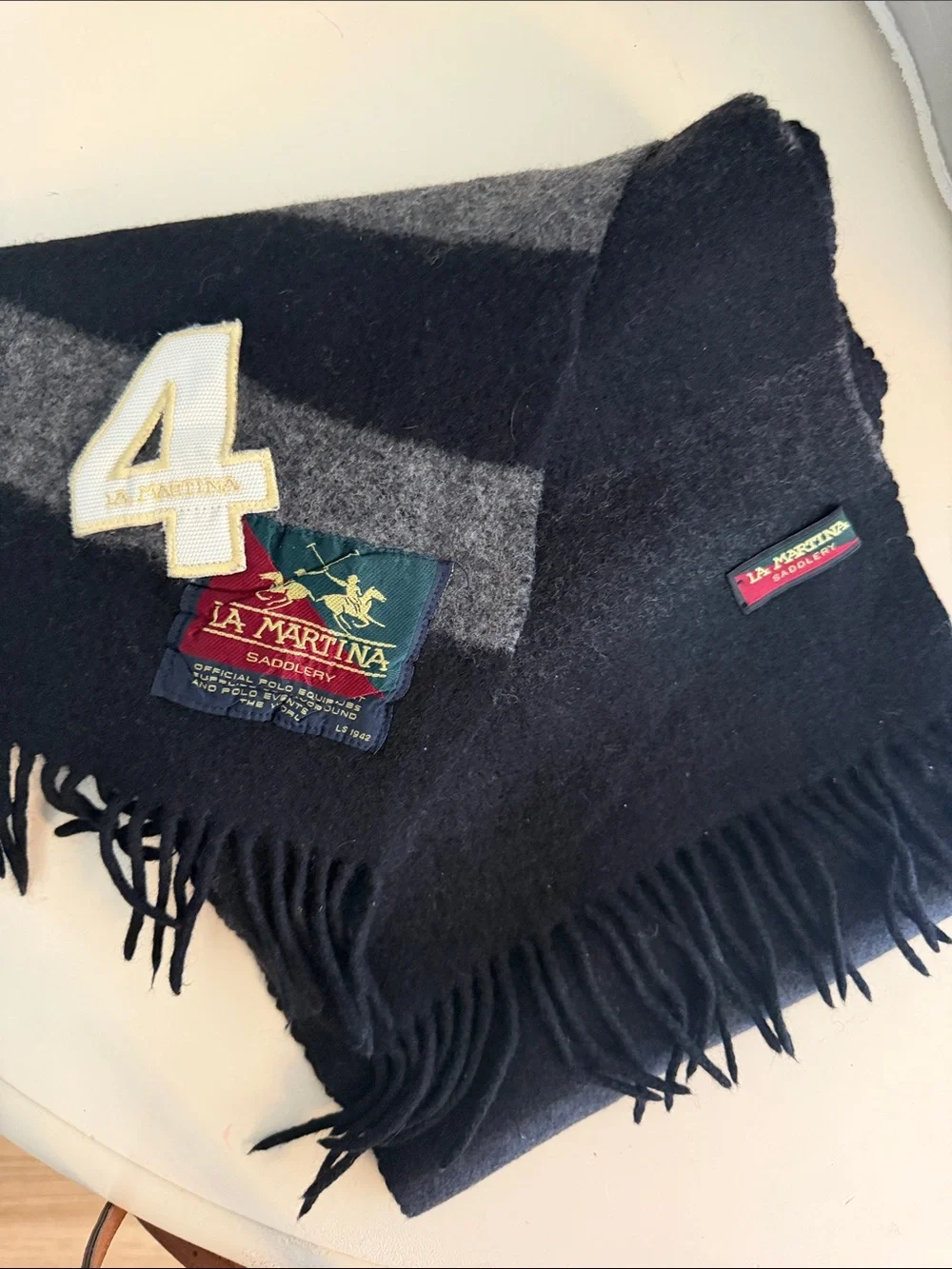 NWOT La Martina | Black & Gray Striped Wool Scarf with Number Patch
